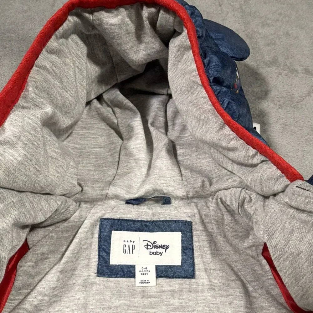 Baby Gap Disney baby Mickey Mouse Hooded Full Zip Puffer Jacket Blue/Red 0-3M.
